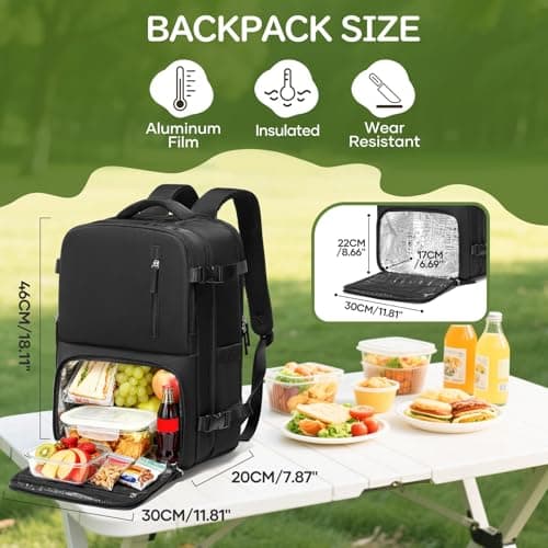 HYC00 Lunch Backpack with Insulated Cooler Box, Large 17 Inch Laptop Backpack for Women Men Picnic Bag with Lunchbox Compartment, Work Rucksack Bags Cooler Lunch Backpacks for Camping Travel, Black — view 2