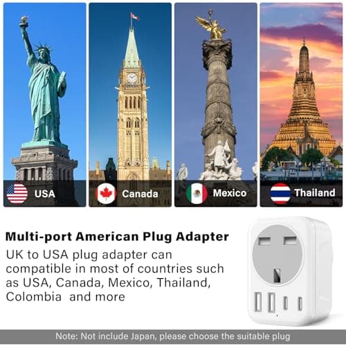 UK to USA Plug Adapter, US Travel Adapter with 2 USB &2 USB C Ports, 5 IN 1 American Plug Adapter from UK to USA, Canada, Thailand, Mexico, Colombia,Type B — view 5