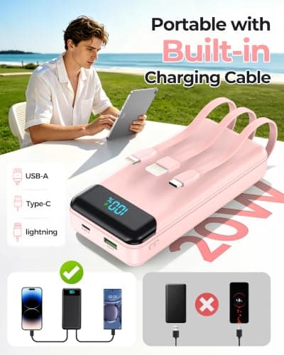 Power Bank 27000mAh,QC4.0 22.5W Fast Charging Portable Charger with Built-in 3 Cables, 4 Outputs & 3 Inputs Powerbank with LED Display for iPhone, Tablets and More Pink — view 5