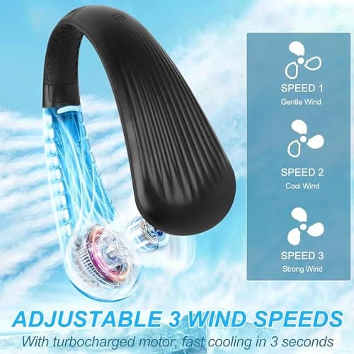 LYMYBETY Portable Neck Fan, Rechargeable Hanging Bladeless Hands Free Fan with 3 Speeds, 3000 mAh Battery Operated Wearable Personal for Men Women Kids Home Office Travel Outdoor (Black, T36) — view 3