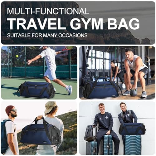 FIORETTO 45L Mens Sports Gym Bag with Wet Pocket & Shoe Compartment, Travel Duffle Bag Overnight Bag with Padded Shoulder Strap, Water-Resistant Holdall for Swimming, Basketball, Football Navy — view 6