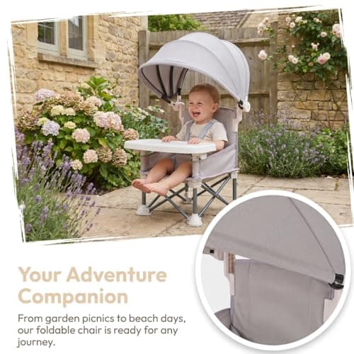 Little Bean Foldable Baby Booster Seat Dining Chair with Detachable Sunshade Travel Portable with Removable Tray for Indoor Outdoor Open Sit Folding Booster Feeding/Camping Chair for Toddler (Beige) — view 3