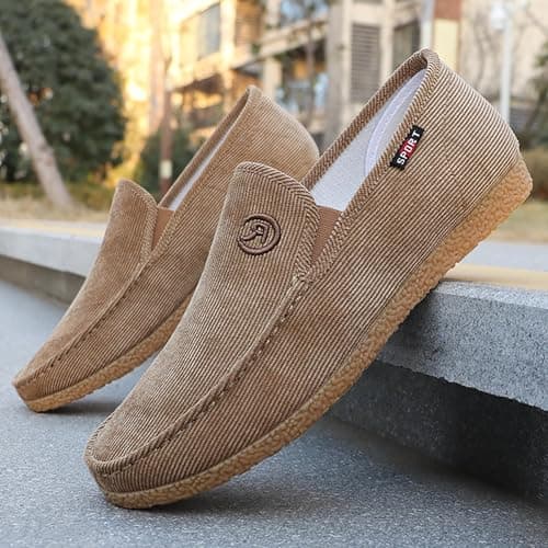 Mens Wide Fit Loafers Slip On Casual Single Shoes Embroidered Textured Rubber Outsole Deck Sneakers Breathable Lightweight Soft Sole Comfortable Trainers for Travel Walking,Khaki, Size 8 — view 2