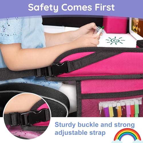 INFANZIA Kids Travel Tray for Car - Car Seat Tray with Markers for Kids Travel, Road Trip Essentials - Carseat Table for Roadtrip Activities - Must Have Toddler Lap Desk Organizer for Airplane (Pink) — view 3