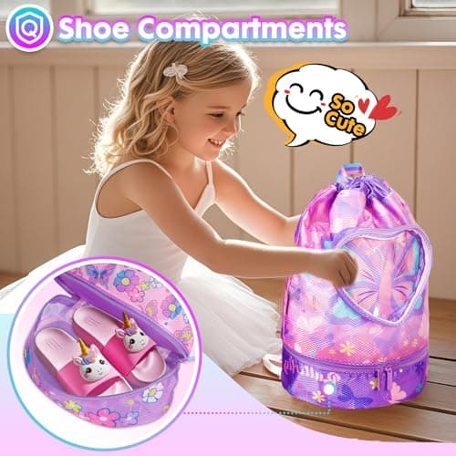 PinkSheep Swimming Bag for Kids, Gym Drawstring Backpack for Girls Boys - Waterproof Beach Bags with Shoes Compartment and Wet Proof Pocket for Swimming Pool Beach Travel School (Butterfly) — view 5
