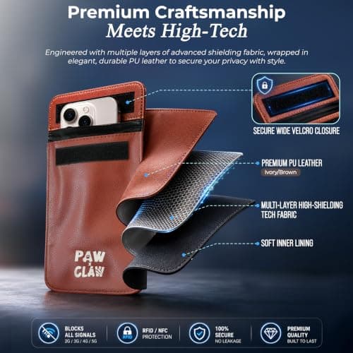 PAWxCLAW Leather Faraday Bag Signal Blocker for Phone & Key Fob - Brown — view 3