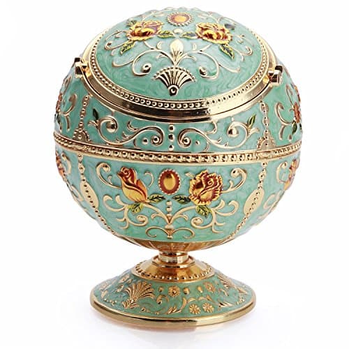MALAYAS Vintage Windproof Cigar Ashtray, Light Green Alloy, Hand Stamped Pattern, Portable, with Lid and Odor Eliminator, ASHTRAY, Medium, Round, Enamel, Modern, Vintage, Green, Nickel