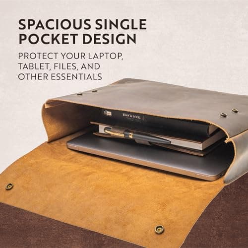 Brown Moonster Full Grain Leather Folder File Organizer Document Holder Portfolio for Men Spacious Folio Laptop Sleeve Case 13" 14" 15” MacBook Tablets — view 4