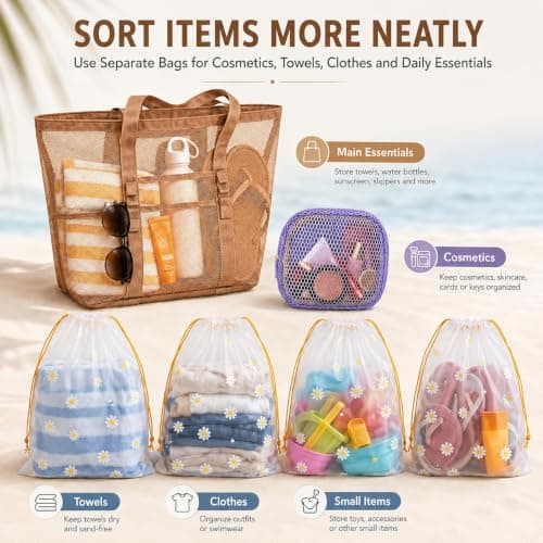 7PCS Beach Bag Set, Mesh Tote for Women with Summer Storage Pouches — view 5