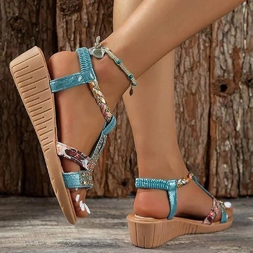 AEHAXGD Rhinestone Wedge Sandals for Women 2026 Summer Orthopedic Bohemia Sparkly T Strap Shoes Embellished Jeweled Beaded Sandals with Elastic Ankle Strap Comfy Cute Sandals for Beach Travel — view 3