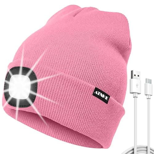 ATNKE LED Lighted Beanie Hat, USB Type C Rechargeable 4 LED Running Headlamp Ultra Bright Cap with Light Hands Free Head Torch Winter Warm Knit Beany Gifts for Men and Women/Pink