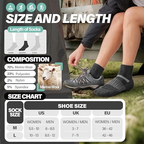 MOSEY KOSY 6 Pairs Merino Wool Socks Women Men Unisex Quarter Running Walking Hiking Work Thermal Winter Warm Compression Support Breathable Thick Cushion Socks(Beige Series,3-7) — view 5