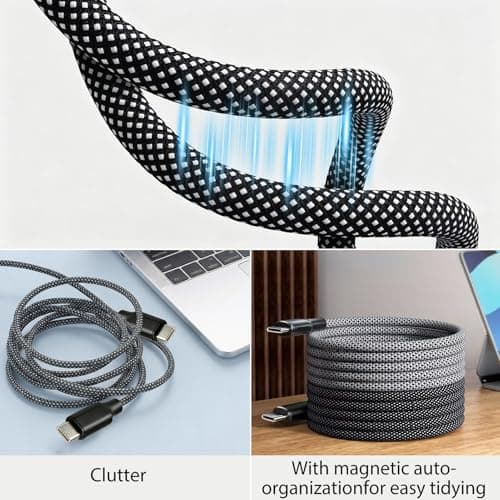 100W Magnetic USB C Cable, Elastic Retractable Coiled USB-C to USB-C Leads — view 3