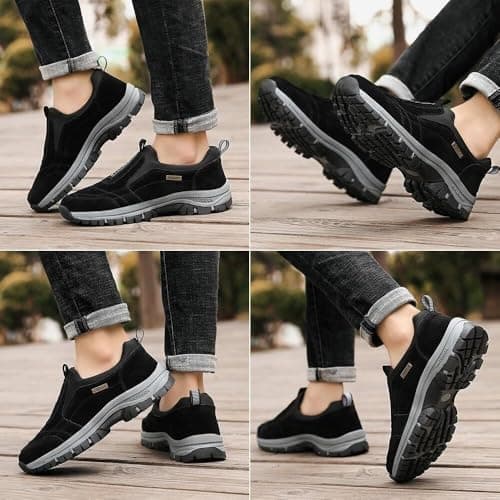 Walking Shoes for Men Outdoor Hiking Orthopedic Shoes with Arch Support Slip On Waterproof Anti-Slip Lightweight Loafers Fashion Low-top Safety Sneakers(Black,10 UK) — view 6