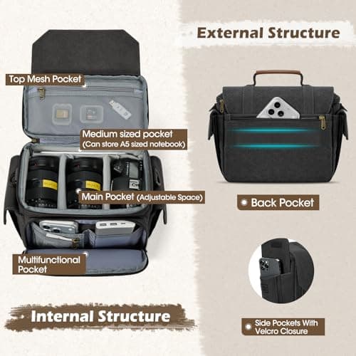 RAINSMORE Vintage Camera Sling Bag, Waterproof Canvas DSLR Mirrorless Crossbody Bag with 10mm Shockproof Padding, Rain Cover & Tripod Holder, Photography Shoulder Messenger Bag for Men Women Black — view 3