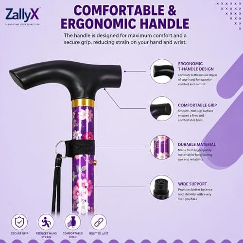 ZallyX Foldable Walking Sticks for Men & Women, 85–95cm Adjustable Ladies Walking Stick, Mobility aids, Collapsible walking stick For Elderly Adults (Purple Flower) — view 3