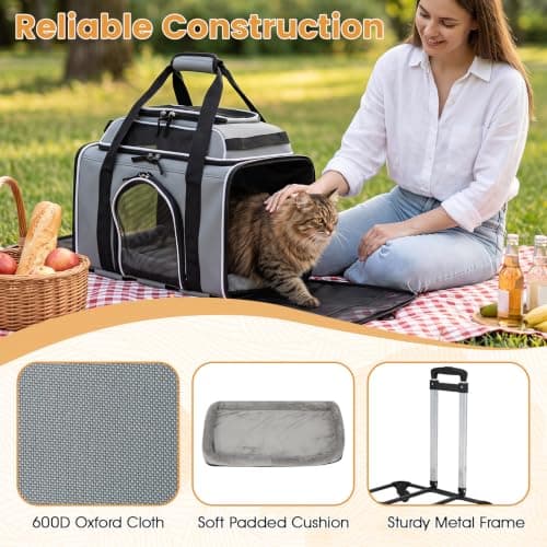COSTWAY Foldable Pet Carrier with Wheels, Telescopic Handle (Grey) — view 4