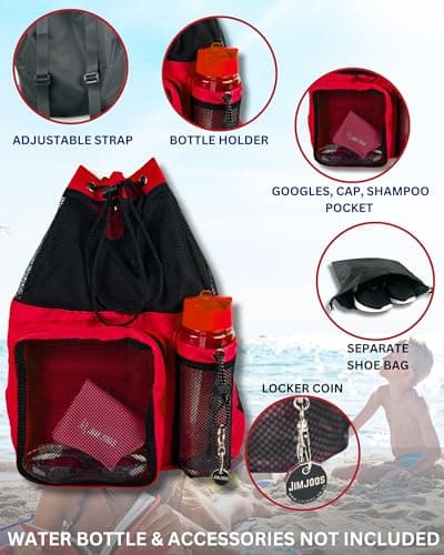 JIMJOOS Drawstring Mesh Swimming Bag - 25L Waterproof Swim Bag with Wet/Dry Compartment, Multifunctional Sports Backpack for Kids, Adults, Swimming, Surfing, Beach, Gym (RED) — view 4