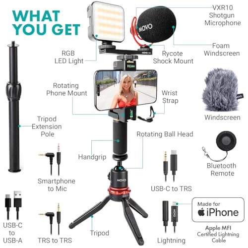 Movo iVlogger-PRO Vlogging Kit for iPhone/Android - YouTube Starter Kit for Content Creators - Accessories: Phone Tripod, Phone Mount, RGB Light and VXR10 Shotgun Mic — view 2