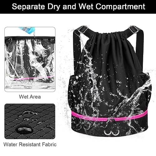RYACO Drawstring Backpack Sports Gym Bag, Water Resistant String Sackpack Large Size with Zipper and Water Bottle Mesh Pockets for Gym Shopping Sport Yoga School Swimming Beach (Black & Pink) — view 3