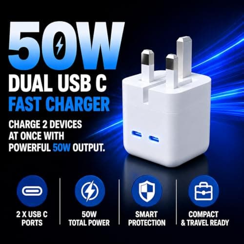 USB C Plug, 50W 2 Port Dual USB-C Fast Charger Plug UK Compatible with iPhone 17 air/16/15/15 Pro/15 Pro Max/14/14 Pro/13/13 Pro/12/12 Pro/11/ipad,Type C Plug Fast Charging for Watch Dual Port USBC — view 2