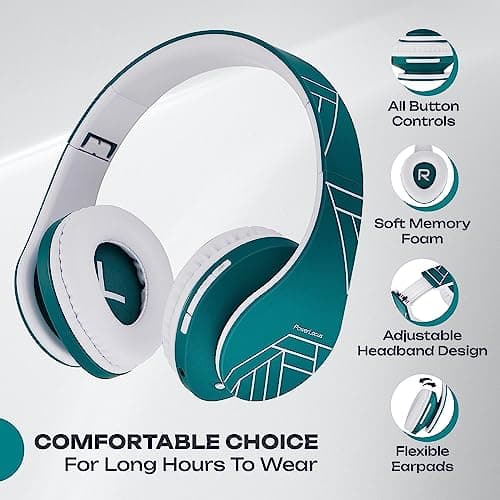 PowerLocus Bluetooth Over-Ear Headphones, Wireless Stereo Foldable Headphones Wireless and Wired Headsets with Built-in Mic, Micro SD/TF, FM for iPhone/Samsung/iPad/PC (Ocean Blue/White) — view 4