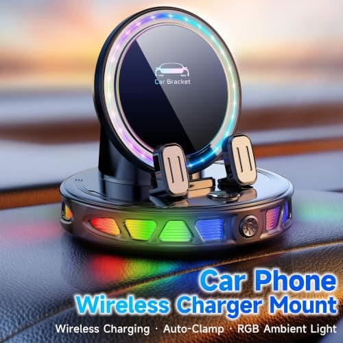 Foluu 360° Rotating Wireless Charging Car Phone Holder with RGB Ambient Light, 15W Fast Charging One-Click Auto Locking Dashboard Holder for Car Navigation, Compatible with iPhone & Android — view 2