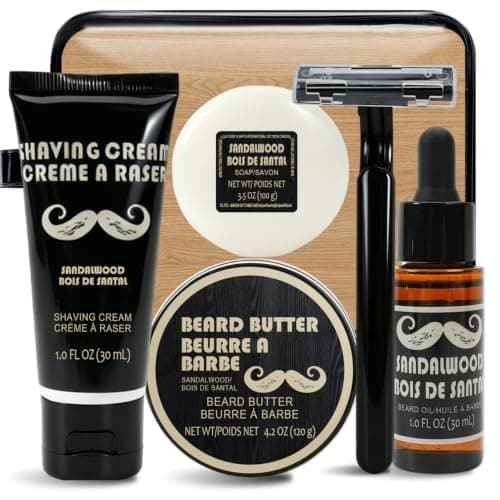 Rinse & Robust Beard Care Kit for Men, 6PC Sandalwood Beard Grooming Kit with Beard Oil, Shaving Cream, Razor, Soap, Beard Butter & Storage Bag, Shaving Kit for Men Gifts, Birthday Gifts for Him