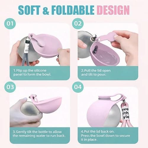 ZFFAFUR Foldable 2 in 1 Portable Dog Water Bottle – Stainless Steel Bottle with Silicone Bowl for Walks & Hiking, Leak-Proof Travel Pet Water Dispenser for Small Dogs (Pink) — view 2