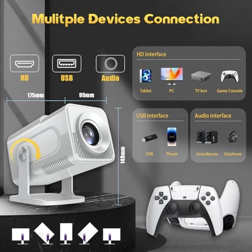 Mini Projector 4K With 2 Wireless Controller, 1920 * 1080p Home Bedroom Cinema Built-in 30000 Games, 200” Protable Smart Video Projector Support IOS/Android/Windows, Auto Keystone, WiFi 6 and BT 5.4 — view 6
