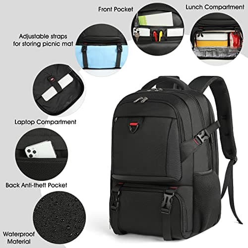NEWHEY Laptop Backpack 17.3 Inch with Insulated Lunch Compartment and USB Port Waterproof Cooler Bag TSA Friendly Travel Picnic Backpack for Men Women Business Work School Black — view 3