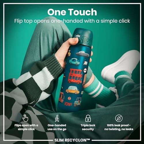 Ion8 Water Bottle, 500ml/18oz, Slim Leak Proof & BPA-Free Drinking Bottle, Secure Lock Prevents Spills, Dishwasher Safe, Carry Handle, Ideal for Adults & Kids - Travel, Gym & School, Aqua, Cars — view 3