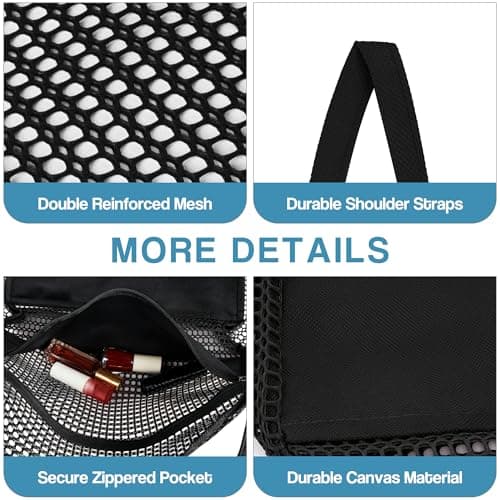 Poeruse Beach Mesh Tote Bag, Beach Bags for Women with Zip, 26L Mesh Handbags, Travel Shopping Handbag for Holiday (Black) — view 2