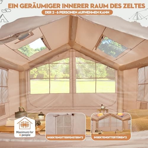 Inflatable Camping Tent with Pump, 420D Oxford Glamping Inflatable Tent for Camping, Waterproof up to 3000 mm, 4 Season Anti-UV Cabin Tent with Mesh Windows and Doors for 4-6 People, 300 x 250 x 220 — view 4