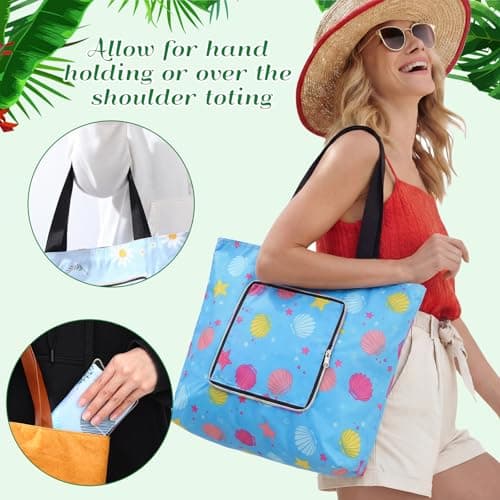 Cunno 8-pack Summer Beach Tote Bags, Waterproof Sandproof Reusable Shopping Travel Bags with Zipper, Foldable Pocket-size(Lively) — view 6