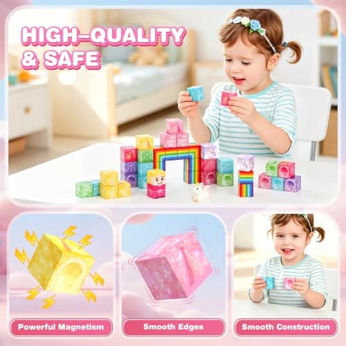 Magnetic Tiles Set for Kids - 52PCS Unicorn Magnetic Building Blocks, Mini Travel Magnetic Toys for Girls Boys Age 3 4 5 6 7 8 STEM Educational Learning Toy Birthday for Toddlers 3-9 — view 3