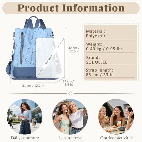 SODOLLEE Backpack Womens Anti Theft – Floral Small Rucksack Bag, Lightweight Water-Resistant Back Pack for Work, Travel & Holiday Blue — view 6