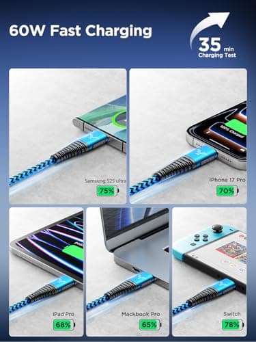 Aioneus 3M USB C to USB C Charger Cable [PD 60W], C to C Charger Cable Fast Charge USB C Braided Lead for iPhone 17 16 15 Pro Max, iPad Pro, Samsung S25 S24 S23 Ultra, Pixel 10 9, LG, Switch etc — view 3