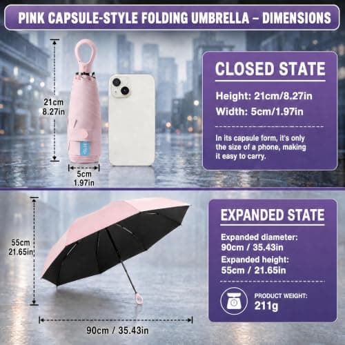 Mini Umbrella for Women - UPF 50+ UV Protection, Sun & Rain Dual Use, Ultra-Compact Pocket Size, Lightweight Foldable Travel Umbrella with Case, Portable Shade for Beach, Commute, Daily Use (Pink) — view 2