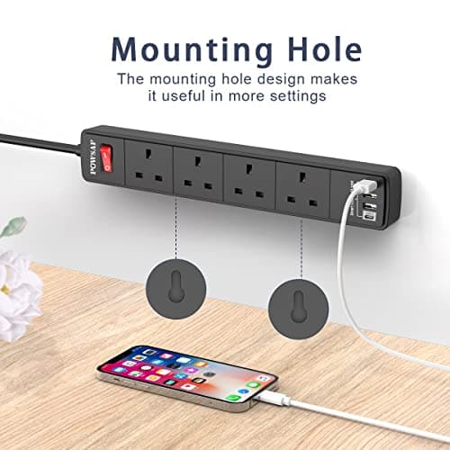 POWSAF Extension Lead with 4 USB Slots (3.4A, 1C and 3A Ports),Power Strip Extension cord with 4 way plug extension Socket and 2M Extension Cable for Home Office Travel holiday essentials,Black — view 4