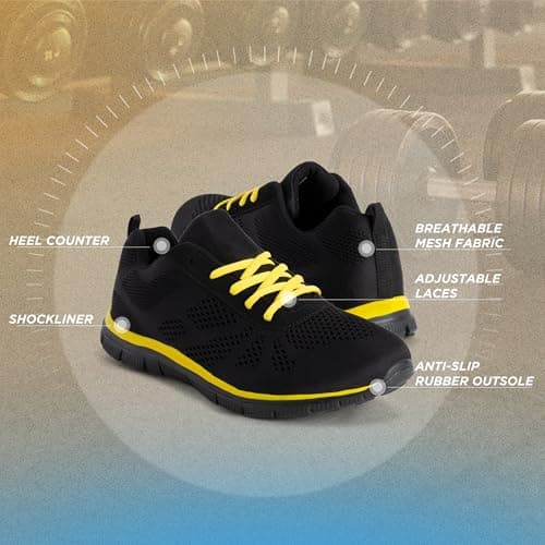 Get Fit Women’s Lightweight Trainers - Breathable Mesh Gym Walking Shoes - Comfortable Lace-Up Fitness Sneakers, Flexible Non-Slip Sole - Black/Yellow - UK5/EU38 — view 5