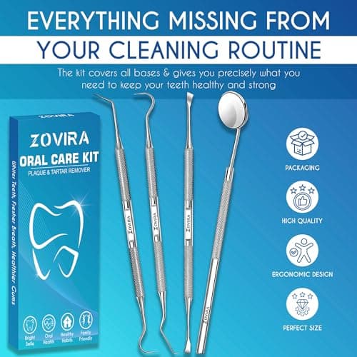 ZOVIRA Plaque Remover for Teeth 4pc Tooth Cleaning Kit with Tartar and Calculus Removal Dental Care Set Stainless Steel Dentist Tools for Personal and Home Use — view 6