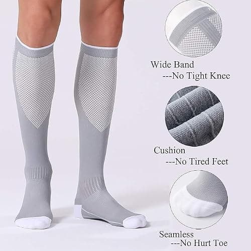 FITRELL 3 Pairs Compression Socks for Women and Men 20-30 mmHg Travel Flight Socks Medical Knee High Socks for Sport, Flying, Carers, Nurse, Pregnant Women, Varicose Veins, Black+White+Grey, S/M — view 6