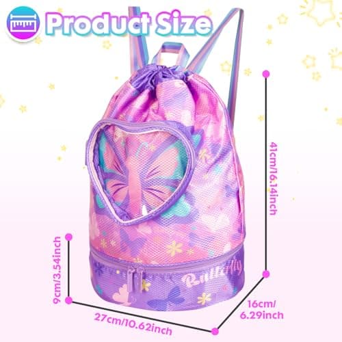 PinkSheep Swimming Bag for Kids, Gym Drawstring Backpack for Girls Boys - Waterproof Beach Bags with Shoes Compartment and Wet Proof Pocket for Swimming Pool Beach Travel School (Butterfly) — view 2