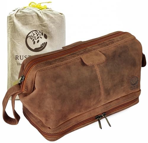 Leather Wash Bag for Men - Full Grain Travel Toiletry Bag Shaving Dopp Kit