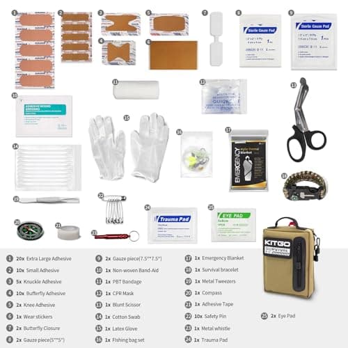 Kitgo Camping Survival Kit First Aid 108 Piece Professional Emergency Survival Gear Tool for Hunting Hiking Outdoor Adventure Fishing Travel Military Tropical Storms (Khaki) — view 2