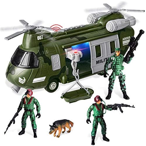 JOYIN Military Vehicles Toy Set of Friction Powered Transport Helicopter with Light and Sound Siren, and Soldier Army Men Action Figures for Kids, Green, Toy Gifts for 3 4 5 6 7 8 Year Old Boys