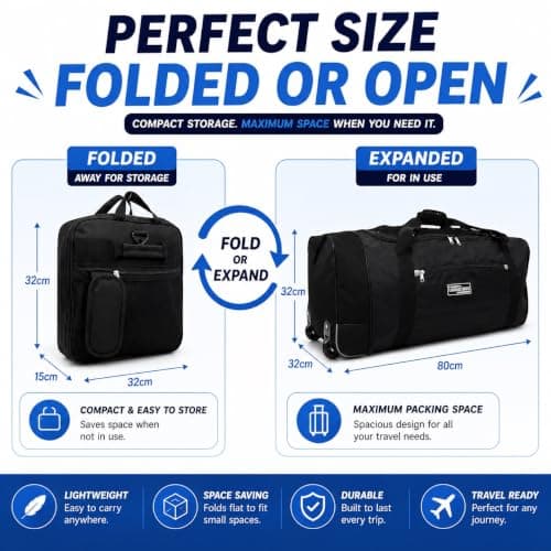 Large Holdall with Wheels, 82L Wheeled Duffle Bag, Black Rolling Travel Bag, Soft Luggage with Zipped Pockets for Holidays, Weekend Trips, Sports, Gym & Overnight Travel — view 5