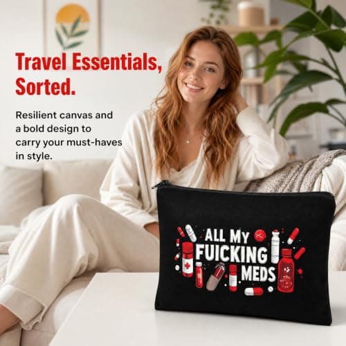 Travel Medicine Bag for Women Men, Waterproof Canvas Cosmetic Pouch, Zipper Pill Organiser Case, Funny Medical Kit Storage for Daily Essentials, Portable Med Organiser with Zipper (Black) — view 5