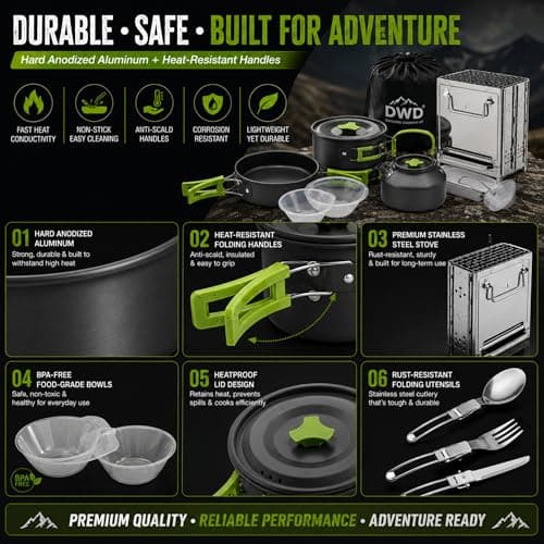 DWD® Complete Outdoor Cooking Kit – 16-Piece Camping Cookware Set with Pots, Pans, Kettle, Folding Stainless Steel Stove, Multi-Fuel Grill, and Travel Bag for Camping, Hiking, Backpacking, and Picnics — view 6
